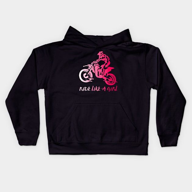 I Ride Like a Girl Pink Retro Biker Silhouette Enduro Girl Kids Hoodie by Bezra